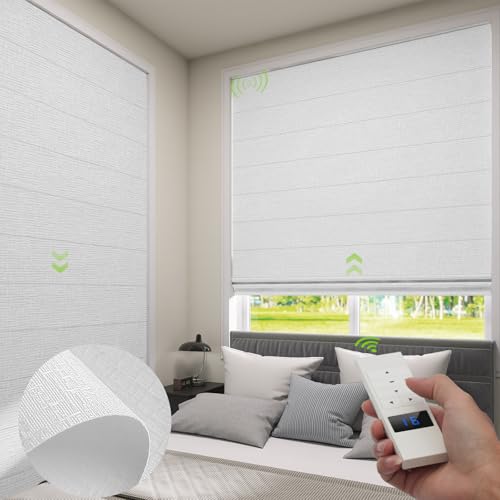 ZSTARR Smart Roman Shades Rechargeable Motorized Blinds with Remote Full Blackout Roman Window Shades Plain Fold Soft for Doors Bedroom, Custom Size (White)