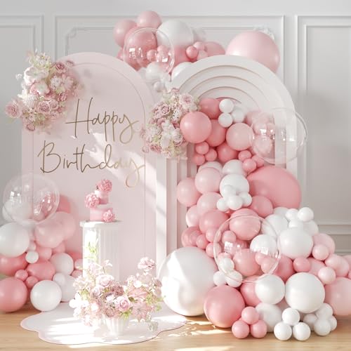 Pink Balloon Arch Kit 132Pcs Pink and White Balloon Arch Garland Kit Include Light Pink White Balloons Clear Balloons for Birthday Wedding Baby Shower Anniversary Bachelorette Bridal Party Decorations