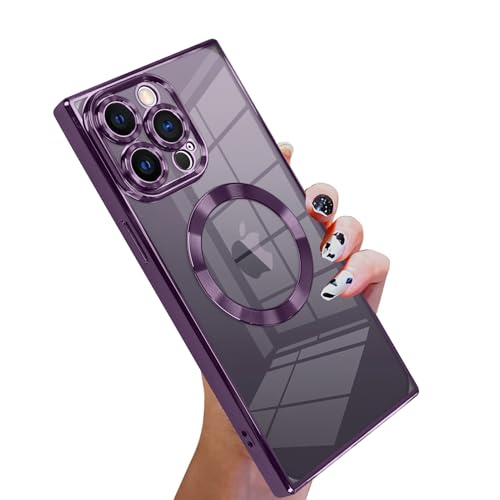 KANGHAR Case Designed for iPhone 14 Pro Magnetic Clear Case with Camera Lens Protector[Compatible with MagSafe] Luxury Cute Plating Design Full-Body Shockproof Protection Cover Deep Purple