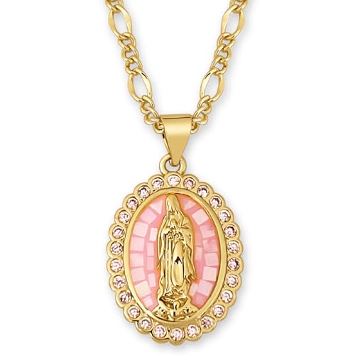 LEVLANC 18K Gold Plated Virgin Mary Necklace - Mother Mary Necklace - Virgin Mary Pendant - Catholic Necklace For Women - Catholic Jewelry for Women - Mother Mary Pendant - Includes Gift Box (Pink)