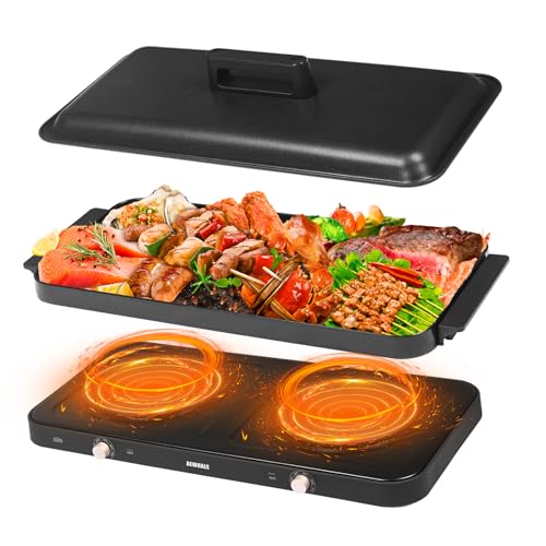 AEWHALE Portable Double Electric Burner with Removable Cast Aluminium Griddle Pan Non-stick,1800 W Hot Plate for Cooking, Independent Temperature Control for Family Party