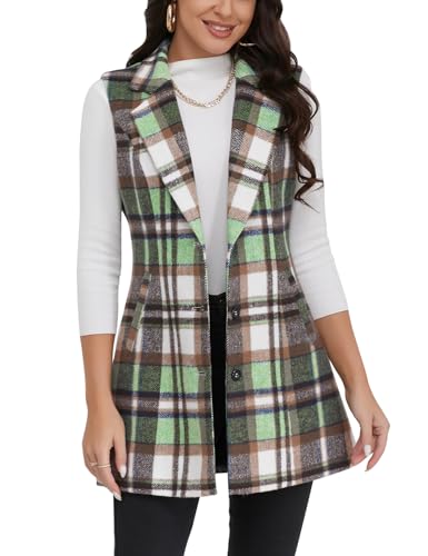 IDEALSANXUN Plaid Vest for Women Outerwear Fall Fashion 2024 Outfits Clothes Long Vest Sleeveless Blazer Jackets Cardigan Winter Coat Business Casual Outfits Office Work Tops, Green New, S