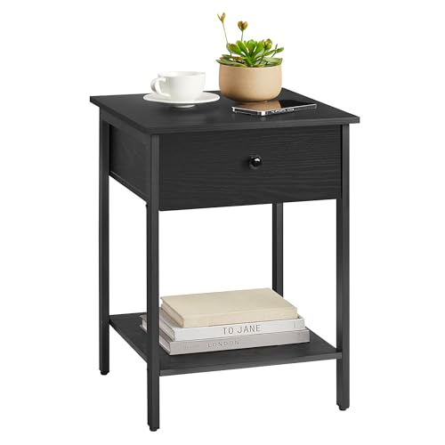 VASAGLE Nightstand, End Table, Side Table with Drawer and Shelf, 15.7 x 15.7 x 21.7 Inches, Bedroom, Steel Frame, Easy Assembly, Modern, Ebony Black ULET055B56