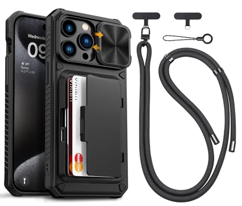 Vihibii for iPhone 15 Pro Max Case with Crossbody Lanyard Strap, Build-in Card Holder (4 Cards) & Slide Camera Cover & Kickstand, Military Grade Drop Protection, Hard Back & Soft Edge Case, Black