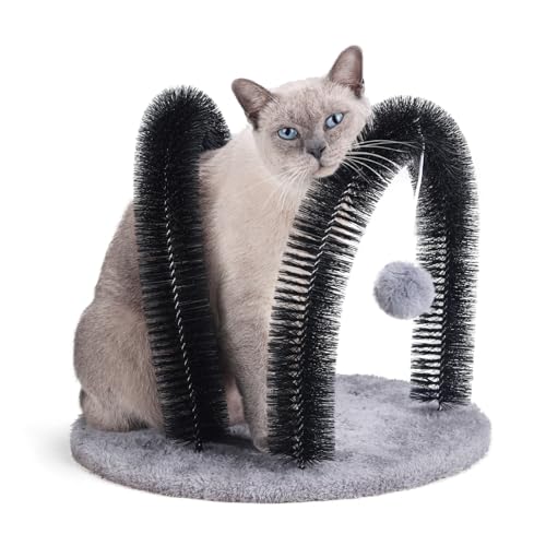 Cat Arch Self Groomer Cat Massager, Cat Grooming Brush with 2 Brushes and Heavy Plush Base, Cat Face and Back Scratchers, Cat Scratchers for Indoor Cats with 2 Toy Plush Balls, Cat Rubbing Post