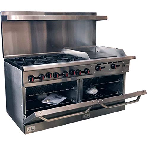 Commercial Range-Oven&Griddle, 60"W, 6 Burners-Left, 24" Griddle-Right, Natural Gas, Propane, NSF/ETL Certified, 2 Ovens Thermostat, Stainless Steel, Cast iron Grate Restaurant Heavy Duty, 282000 BTU