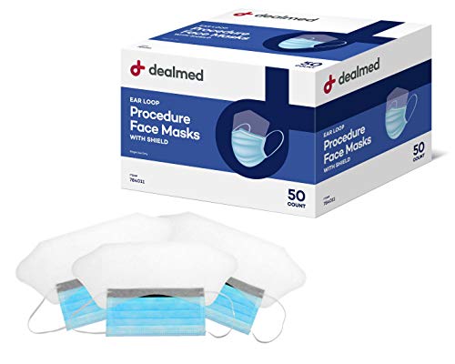 Dealmed Face Masks with Ear Loops and Eye Shield - Disposable Adult Face Masks for Hospitals, Medical Facilities, Food Services and More, 50 Count (Pack of 1)