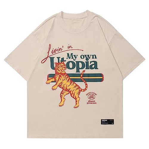 Aelfric Eden Mens Oversized T Shirts Tees Tiger Graphic Tee Print Cotton Tops Streetwear Casual Shirt Apricot