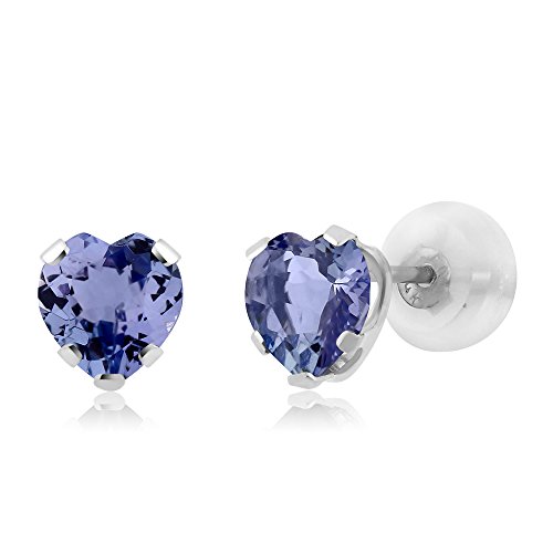 Gem Stone King 10K White Gold Tanzanite Stud Earrings For Women Men (1.10 Cttw Gemstone Birthstone Heart Shape 5MM)