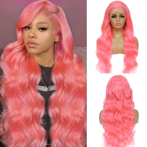 30 Inch Pink Lace Front Wigs Human Hair Pre Plucked Pink Wig Human Hair 200 Density 13x4 HD Body Wave Lace Front Wig Human Hair Colored Pink Human Hair Wig Glueless Human Hair Wigs