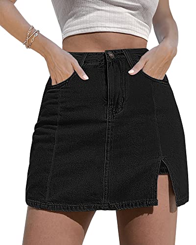 luvamia Skorts Skirts for Women Denim Mini Skirt Side Slit with High Waisted Jean Shorts Stretchy Black Skirt Mini Beach Shorts for Women Jean Shorts Womens Jean Skirt for Women Soft Black Size Large