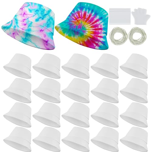 Silkfly 20 Pcs Cotton White Bucket Hat for Tie Dying Blank Cotton Packable Sun Hat with Accessory for Group Party DIY Project (Small)