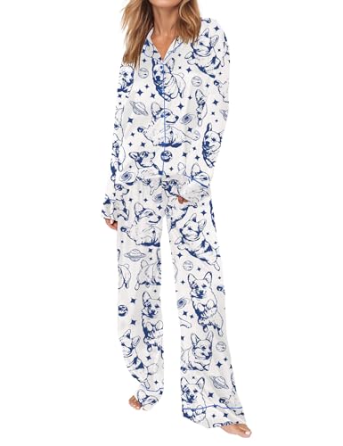 SHESHOW Silk Pajama for Women Long Sleeve Satin Pj Set Two Piece Soft Sleepwear Loungewear Cute Dog Print Womens Pajamas Set White XL
