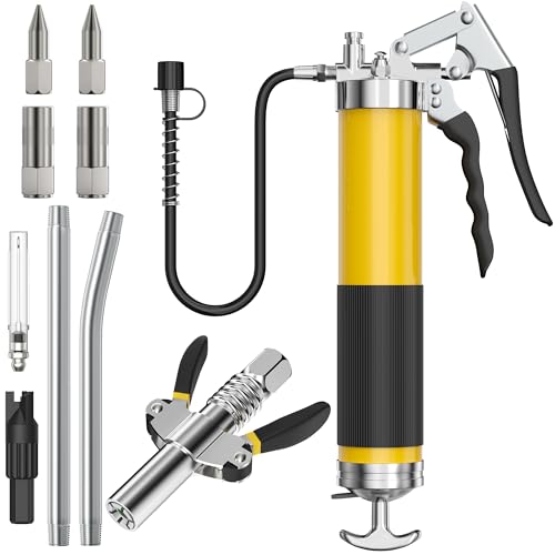 Grease Gun Kit with Hose Coupler: Lube Grease Guns Tool for 14 Oz Grease Tube - 8000 PSI Pistol Grip Heavy Duty Grease Gun with Locking and Needle Tip Nozzle - Manual Grease Gun with Zerk Fitting