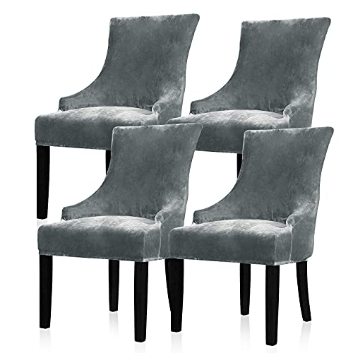 Lellen Velvet Stretch Wingback Chair Cover Slipcover - Reusable Protector Cover for Dining Room Banquet Home Decor etc Machine Washable Hand Washable (Set of 4, Charcoal Grey)