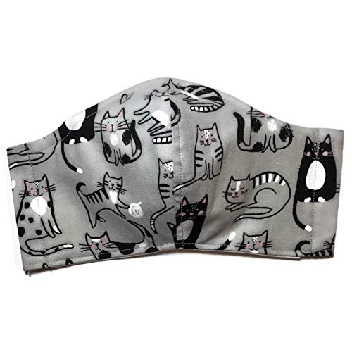 Gray Black Kitty Cat Face Mask, yarn milk paws tabby tuxedo, triple layer 100% cotton cloth, nose wire filter pocket washable, adjustable around Head elastic fabric tie, unisex man woman child girl