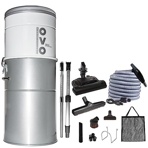 OVO Unit Heavy Duty Powerful Central Vacuum System, Hybrid Filtration (with or Without Disposable Bags) 35L or 9.25Gal, 700 Air watts with 40 ft Carpet Deluxe Accessory Kit, Silver