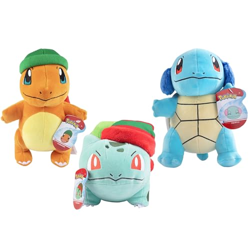 Pokemon 8" Holiday Christmas Plush Starter 3-Pack - Charmander, Squirtle, Bulbasaur - Generation 1 - Officially Licensed - Soft Stuffed Animal Figure Toys - Gift for Kids, Boys, Girls, Fans - 2+