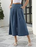 Gihuo Women' s Culottes Linen Blend Wide Leg Pants Elastic Waist Casual Palazzo Trousers with Pockets Capris(DarkBlue-XL)