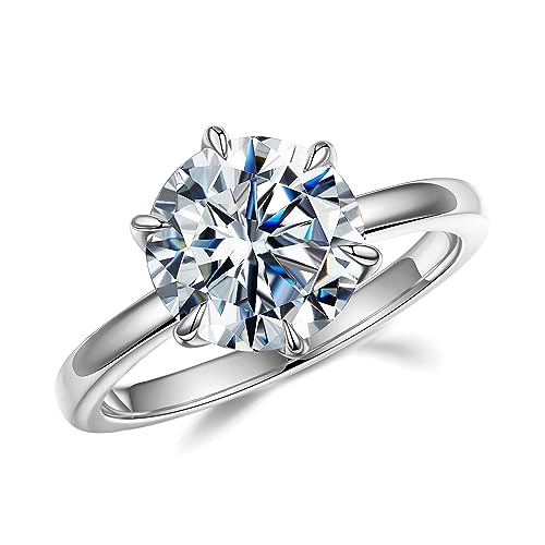 MOOSEA Moissanite Rings for Women - 14K White Gold Vermeil 6 Claw Round Solitaire Engagement & Wedding Promise Rings