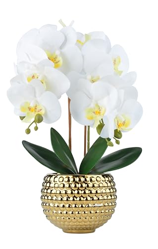Hisow Large Orchids Artificial Flowers, 17'' White Faux Orchids with Gold Pot for Living Room Decor, White Faux Orchid Plant for Bathroom Kitchen Home Indoor Hotel Decor (Large Gold)