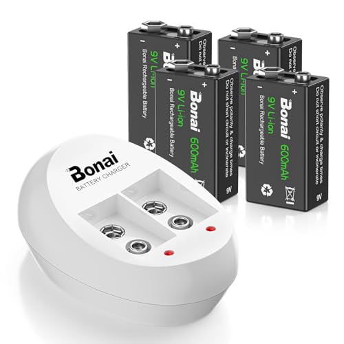 BONAI 6F22 9 Volt Rechargeable Battery(4 Pack) 600mAh Li-ion Rechargeable 9v Batteries with Charger(2 Bay) High Capacity