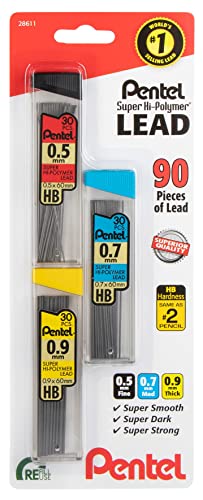 Pentel Super Hi-Polymer Mechanical Pencil Lead Refill - 0.5mm, 0.7mm, 0.9mm - 90 Lead refills (30 of Each Size)