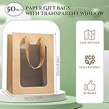 Reginary 50 Pcs Paper Gift Bags with Transparent Window Clear Gift Bag with Handle 9.8 x 7.1 x 5.1 Shopping Tote for Bouquet Mother's Day Graduation Wedding Present Festival Party(Brown)