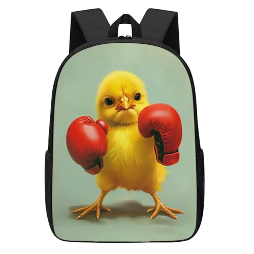 DOINBEE Funny Chicken Backpack, Cute Yellow Boxing Chick on Green Bookbag for Kindergarten Elementary School, Cartoon Animal Backpacks for Kids Adults 17" Laptop Bags Casual Travel Daypack