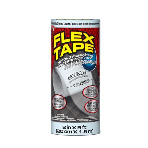 Flex Tape, 8 in x 5 ft, Clear, Original Thick Flexible Rubberized Waterproof Tape - Seal and Patch Leaks, Works Underwater, Indoor Outdoor Projects - Home RV Roof Plumbing and Pool Repairs