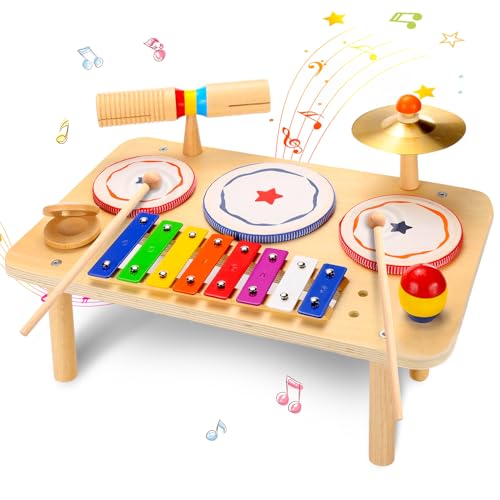 Kids Drum Set, Baby Musical Instruments Toys for Toddlers, 9 in 1 Wooden Xylophone Toddler Drum Set Percussion Instruments Musical Toys Birthday Gifts for Children Boys and Girls