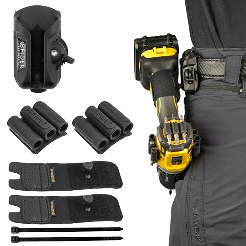 Spider Tool Holster - Dual Tool Kit - Adhesive BitGrippers + Self Locking, Quick Draw Belt Holster Clip for Carrying a Power Drill, Driver, Multitool, Pneumatic, Flashlight, Hammer, Saw and More!