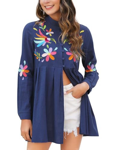 Vackutliv Mexican Blouse for Women Long Sleeve Embroidered Floral Traditional Art Button Down Top Cinco de Mayo Hispanic Heritage Month Fiesta Outfit Navy Vestidos Mexicanos para Mujer Ropa