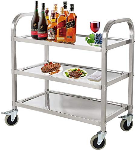 tonchean 3 Tier Stainless Steel Kitchen Trolley Cart 300lbs Capacity Commercial Utility Cart Serving Storage Cart with Locking Wheels for Restaurant Catering Hotel Home, 30”x16“x33