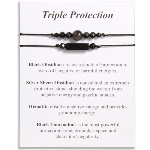 QqzsJewls Triple Protection Bracelets for Women Men, Empathy Protection Gifts, Energy Protection Jewelry, Black Tourmaline and Obsidian Beads Bracelet for Her Him