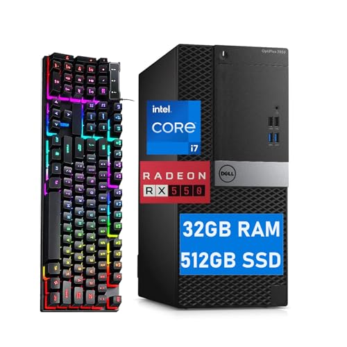 Dell Optiplex 7050 MT Tower Desktop Computer PC i7 w/ RX550 Graphics Card for Gaming and Business, 7050 Tower Computer Core i7-6700, 32GB RAM, 512GB SSD, RGB Keyboard, 4K Support, Win10 pro(Renewed)