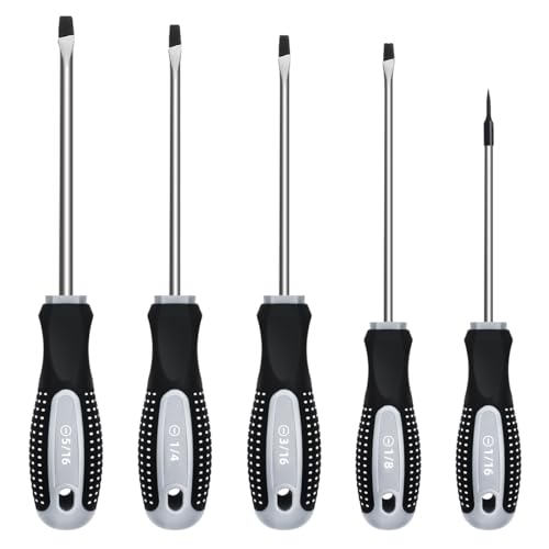 Flat Head Screwdriver Set (5 Pack in the Following Sizes - 1/16", 1/8", 3/16", 1/4", 5/16") Slotted Screwdrivers with Magnetic Tips & Soft Ergonomic Handle - Standard & Precision Flathead Screwdrivers