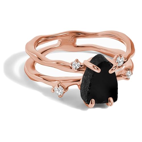 Moon Magic - Authentic Black Obsidian Ring - Flow/Real 925 Sterling Silver - 18k Rose Gold Raw Obsidian Rings for Women/Genuine Gemstone Jewelry