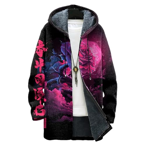 Japanese Style Rose Print Hooded Cardigan Men Long Sleeve Fleece Lined Oversized Zipper Open Front Mens Hooded Cardigan Long Sleeve Fall Fashion Drawstring Warm Cardigan With Hood,4XL