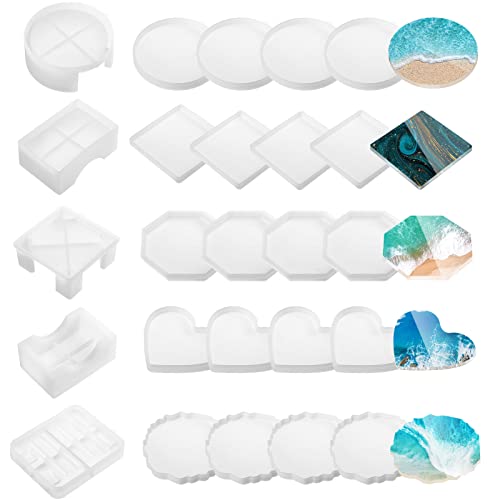 25 Pcs Coaster Molds for Epoxy Silicone Resin Coaster Molds Set with Storage Box for DIY Cups Mats Art Craft Home Decoration, 5 Styles(Flat Style)