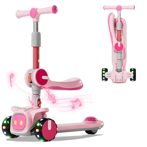 3 Wheel Scooter for Kids - Foldable & Unbreakable, 2-in-1 Kick Scooter with Music and Lights, Adjustable Height, Wide Deck, Flashing Wheel Lights, Easy for Beginner Toddlers Aged 3-8