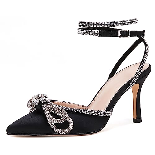 VETASTE Women's Double Bow Pointed Toe Ankle Strap Crystal Pumps Wedding Bridal Party Stilettos Backless Satin Heeled Sandals,Black, Size 7.5