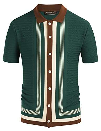 PJ PAUL JONES 70s Clothes for Men Retro Sweater Polo Shirts Striped Summer T-Shirts Dark Green L