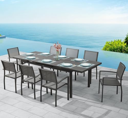HIGOLD Outdoor Furniture Table, Extendable 8 Seater Dining Patio with Armrest Chairs, Waterproof Wood Slats Outdoor Dining (All-Aluminum, 8)