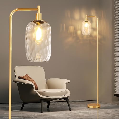 Alrryo 67" Gold Modern Floor Lamp with Water Wave Glass Shade, Crystal Clear Textured Standing Lamp for Living Room Bedroom, 2700K Bulb & Foot Switch Included