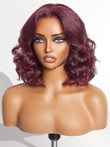 LUVME HAIR 10'' Burgundy 99J Bob Wig Human Hair Pre Cut Glueless HD Lace Closure Wig Pre Plucked, Chic Dark Red 99J Body Wave Short Loose Wave Wigs For Women