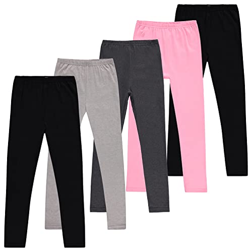 Girls Leggings, Cotton Spandex Stretch Pants - Kids Dance, Yoga and Ballet Tights, 5-Pack/Black, Grey, Pink - Small 7/8