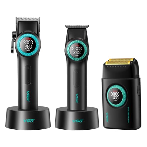 VGR Hair Clippers for Men Professional, T-Blade Trimmer Cordless Clippers and Trimmers Set, Electric Foil Shaver for Men with Double Foil, Rechargeable 3 Piece Men's Hair Cutting Kit, LED Display