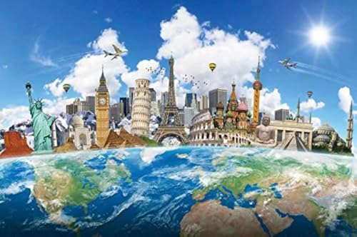 Yeele 10x8ft Around The World Background for Photography Globe Travel Famous Landmark Worldwide Vacation Photo Backdrop Wedding Newlywed Honeymoon Baby Portrait Shoot Studio Props Wallpaper