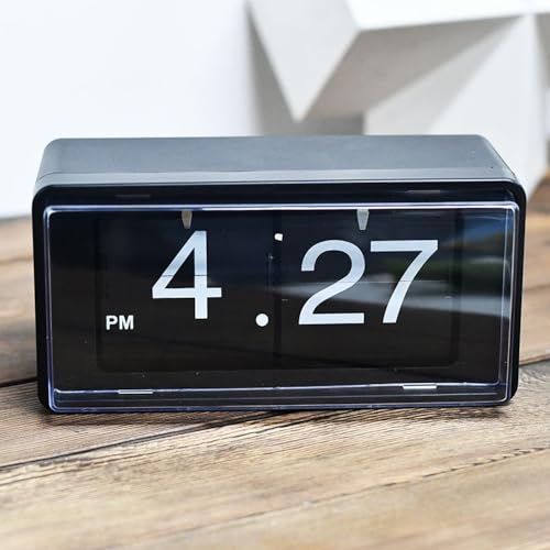 Retro Style Flip Clock,Auto Page Turning Transparent Cover Digital Flip Desk Clock. Classic Mechanical Battery Operated Digital Display,Home and Office Decorations(No Battery Included) (Black)